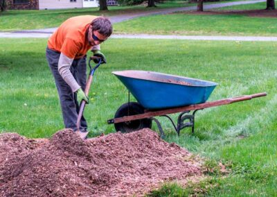 Clean up mulch wood chips after grinding the stump in a homeowners’ yard